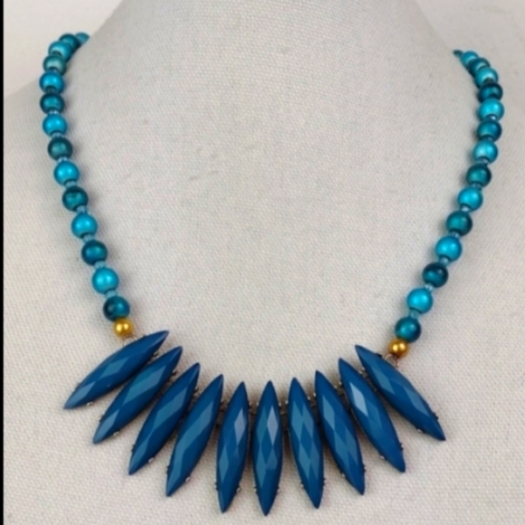 Tribal Turquoise Tone Multifaceted Spear Fringe & 2-Tone Glass Bead Necklace - Picture 3 of 15